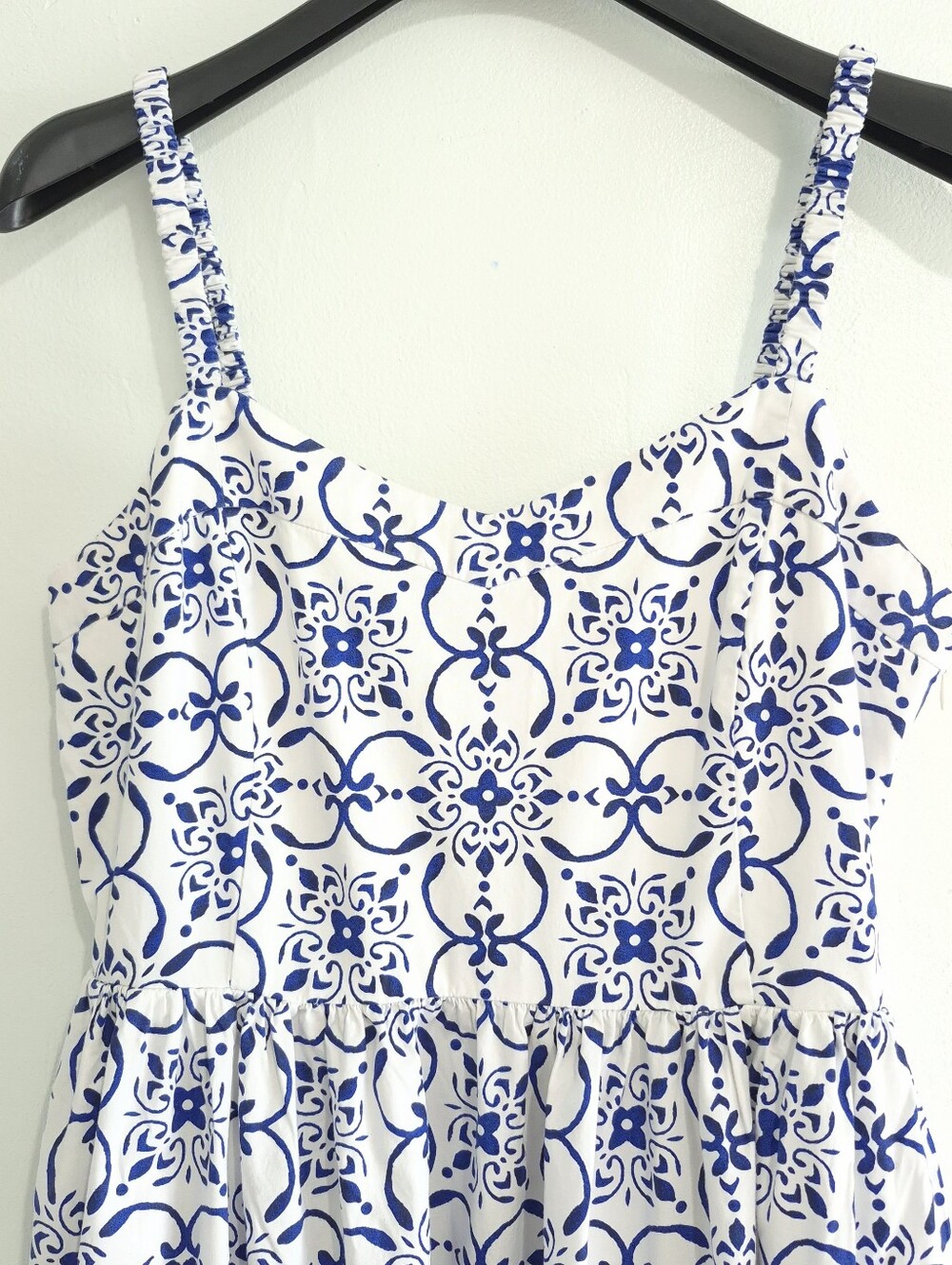 J.CREW Tile Print Midi Sundress Size 10 Blue White Cotton Smocked Tiered Pockets - Picture 4 of 16